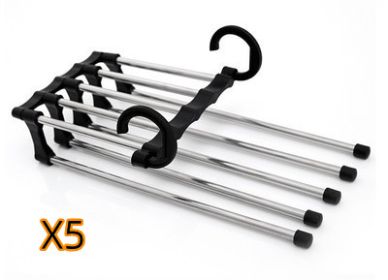 5 In 1 Wardrobe Hanger Multi-functional Clothes Hangers Pants Stainless Steel Magic Wardrobe Clothing Hangers For Clothes Rack (Option: Black-47x18cm 5PCS)